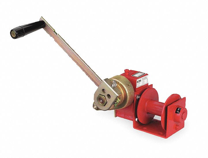 Hand Winch: 1,000 lb 1st Layer Load Capacity, Worm, 15:1 Winch Gear Ratio, Brake Included