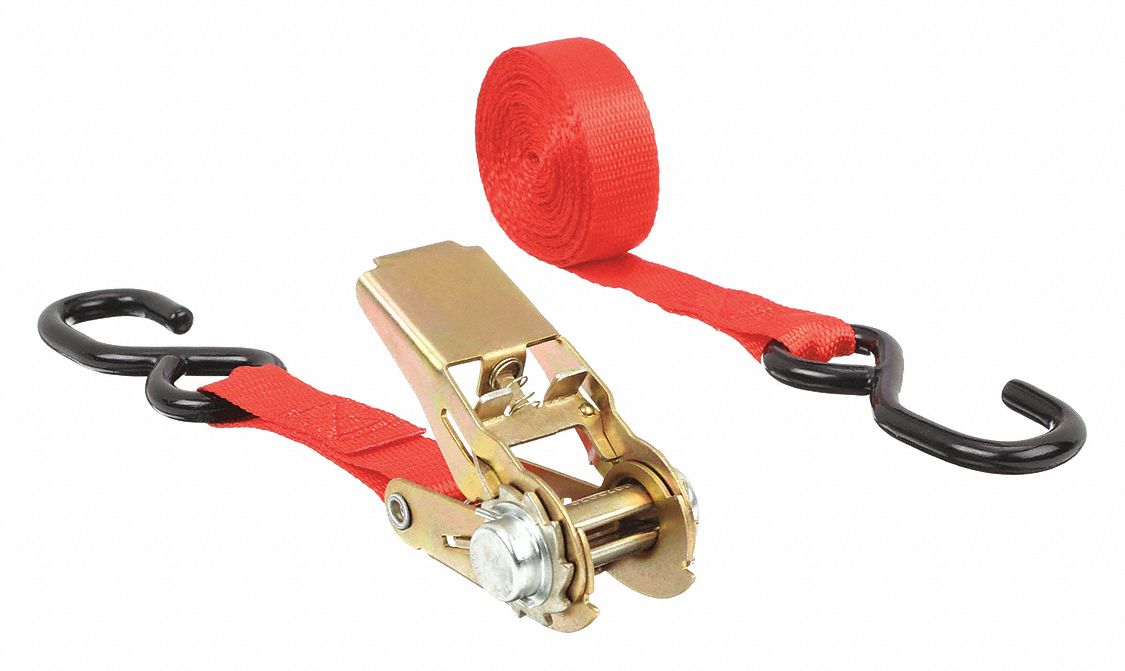 TIE DOWN STRAP, RATCHET, S-HOOK, GEN PURPOSE, 1 IN W, 400 LB WLL, RED, 15 FT L, 2 PK