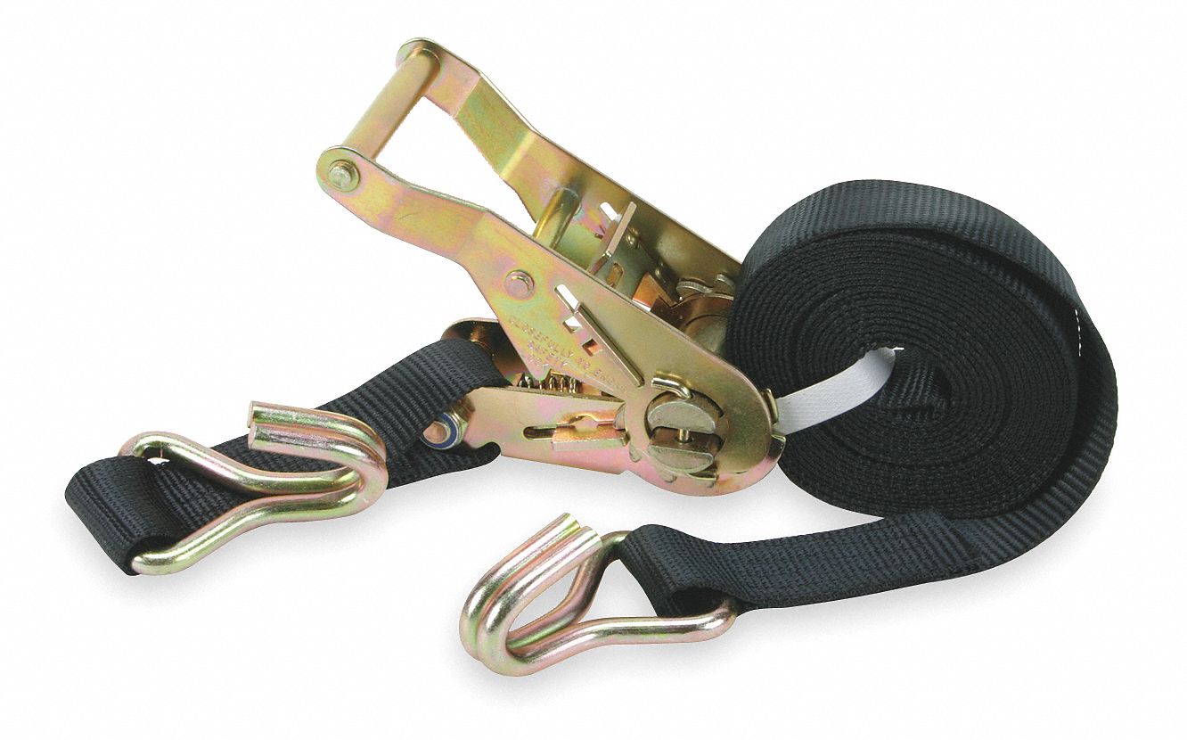 TIE DOWN STRAP, RATCHET, WIRE-HOOK, GEN PURPOSE, 1½ IN W, 1,333 LB WLL, BLACK, 15 FT L