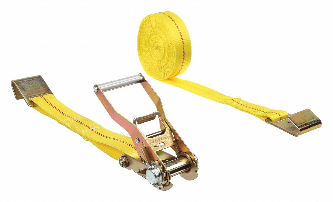 TIE DOWN STRAP, RATCHET, FLAT-HOOK, GEN PURPOSE, 2 IN W, 3,333 LB WLL, YELLOW, 30 FT L