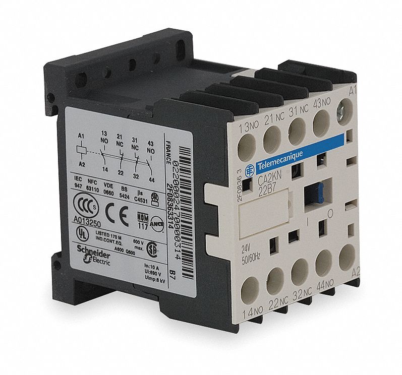 SCHNEIDER IEC Control Relay: DIN-Rail & Surface Relay Mounting, 24V AC Coil Volt, 2NO/2NC, 10 A
