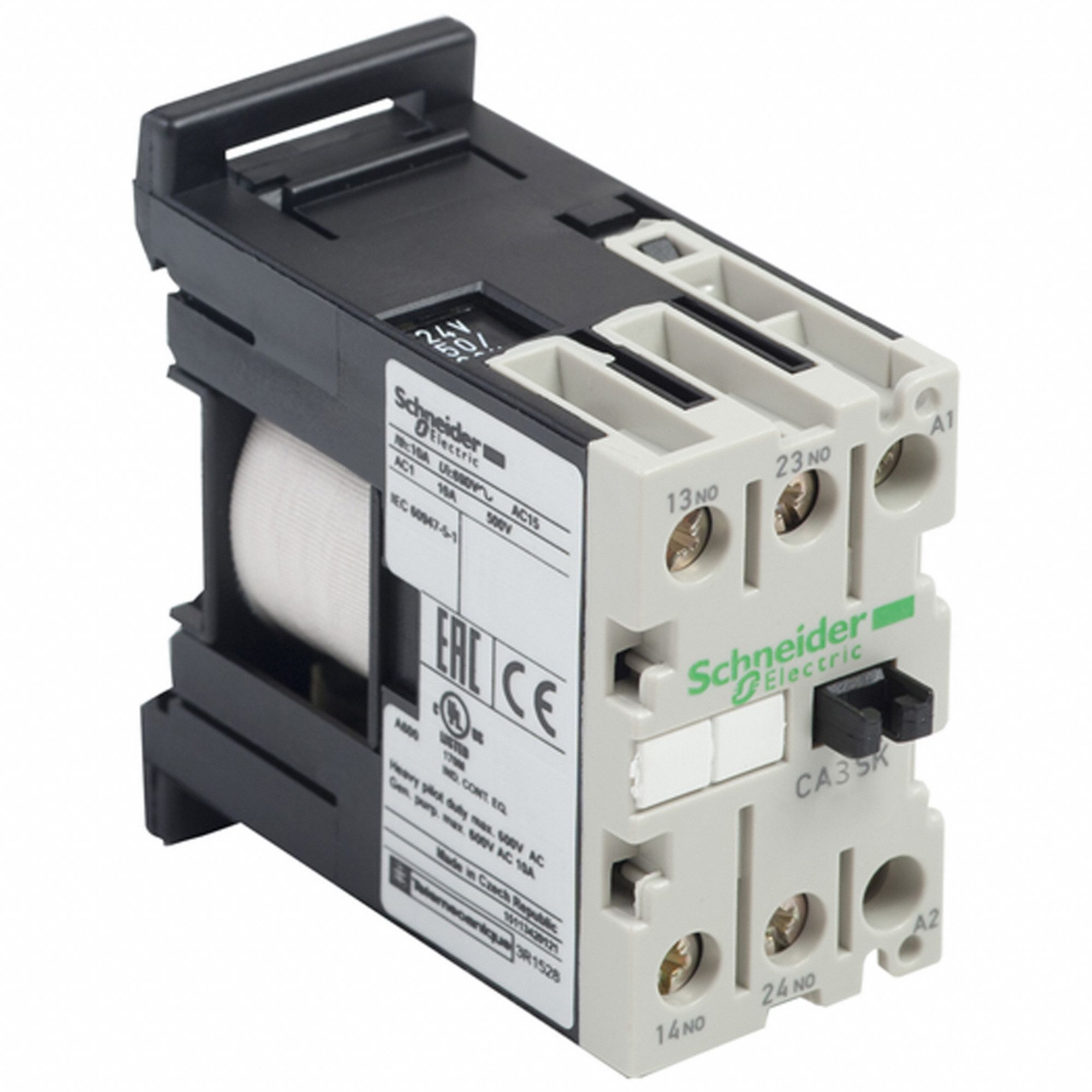IEC Control Relay: DIN-Rail Relay Mounting, 24V DC Coil Volt, 1NO/1NC, 10 A