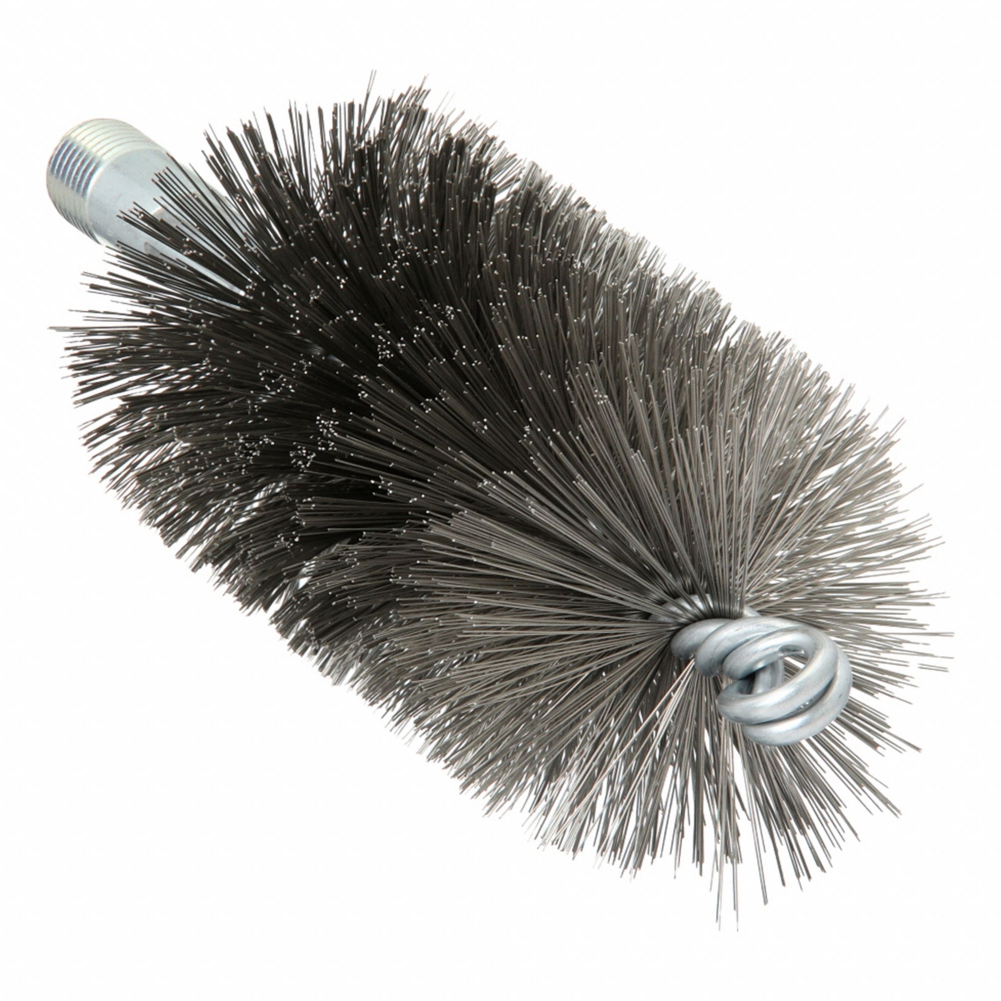 Flue Brush: 1/4"-28 Male, 2 1/4 in Overall Dia, 4 1/2 in Brush Lg, Double Spiral, Double Stem