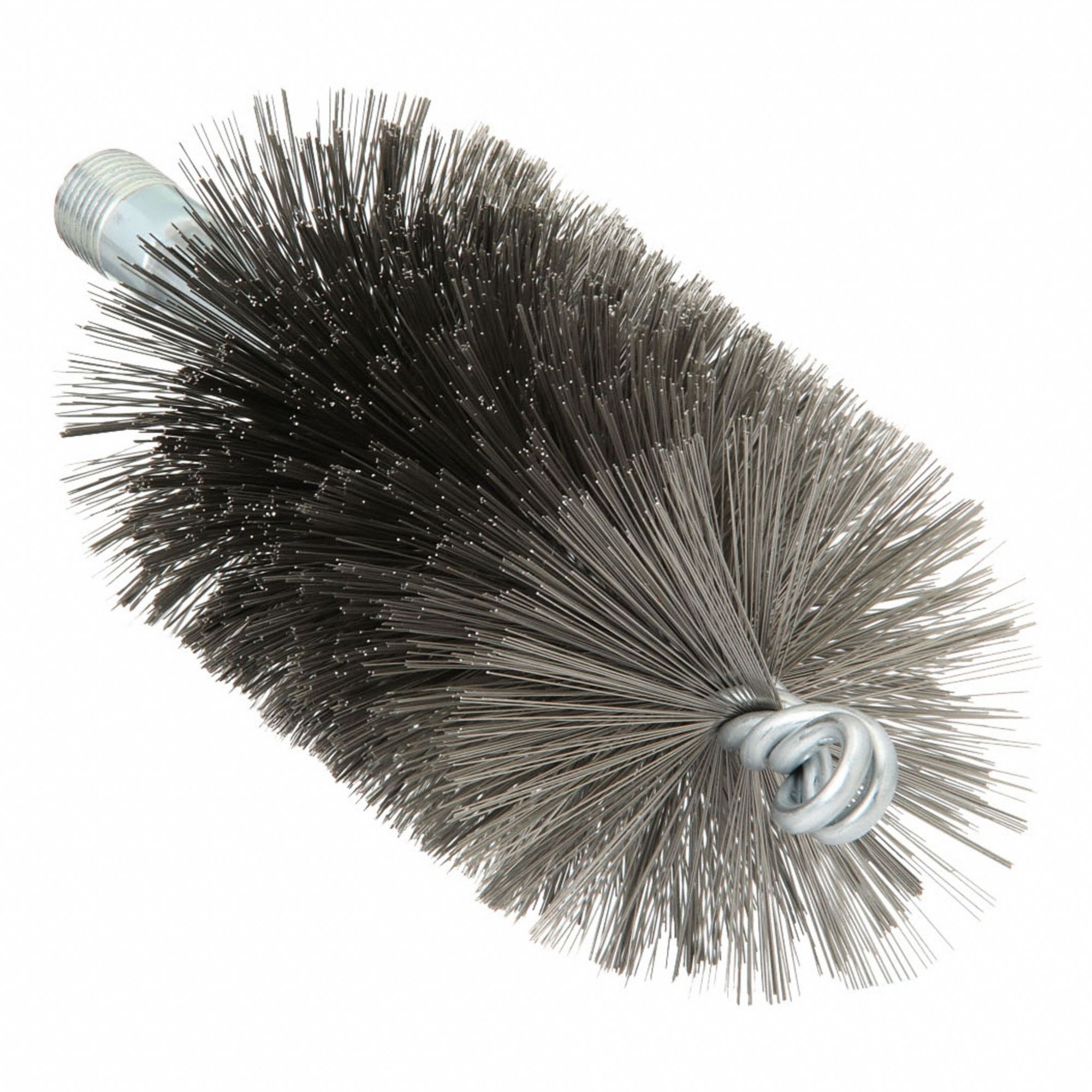Flue Brush: 1/4"-28 Male, 2 1/2 in Overall Dia, 4 1/2 in Brush Lg, Double Spiral, Double Stem