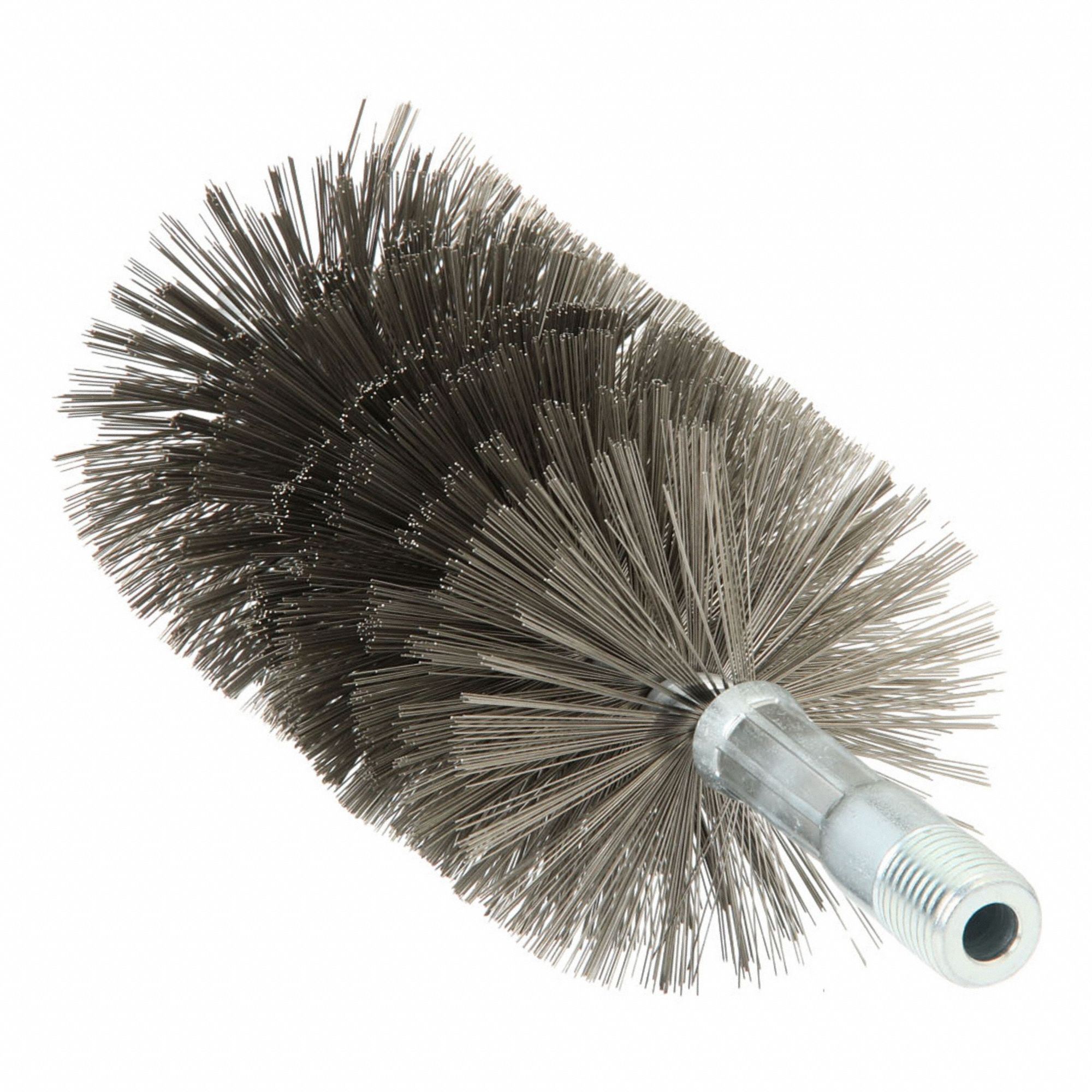 Flue Brush: 1/4"-28 Male, 2 1/2 in Overall Dia, 4 1/2 in Brush Lg, Single Spiral, Double Stem