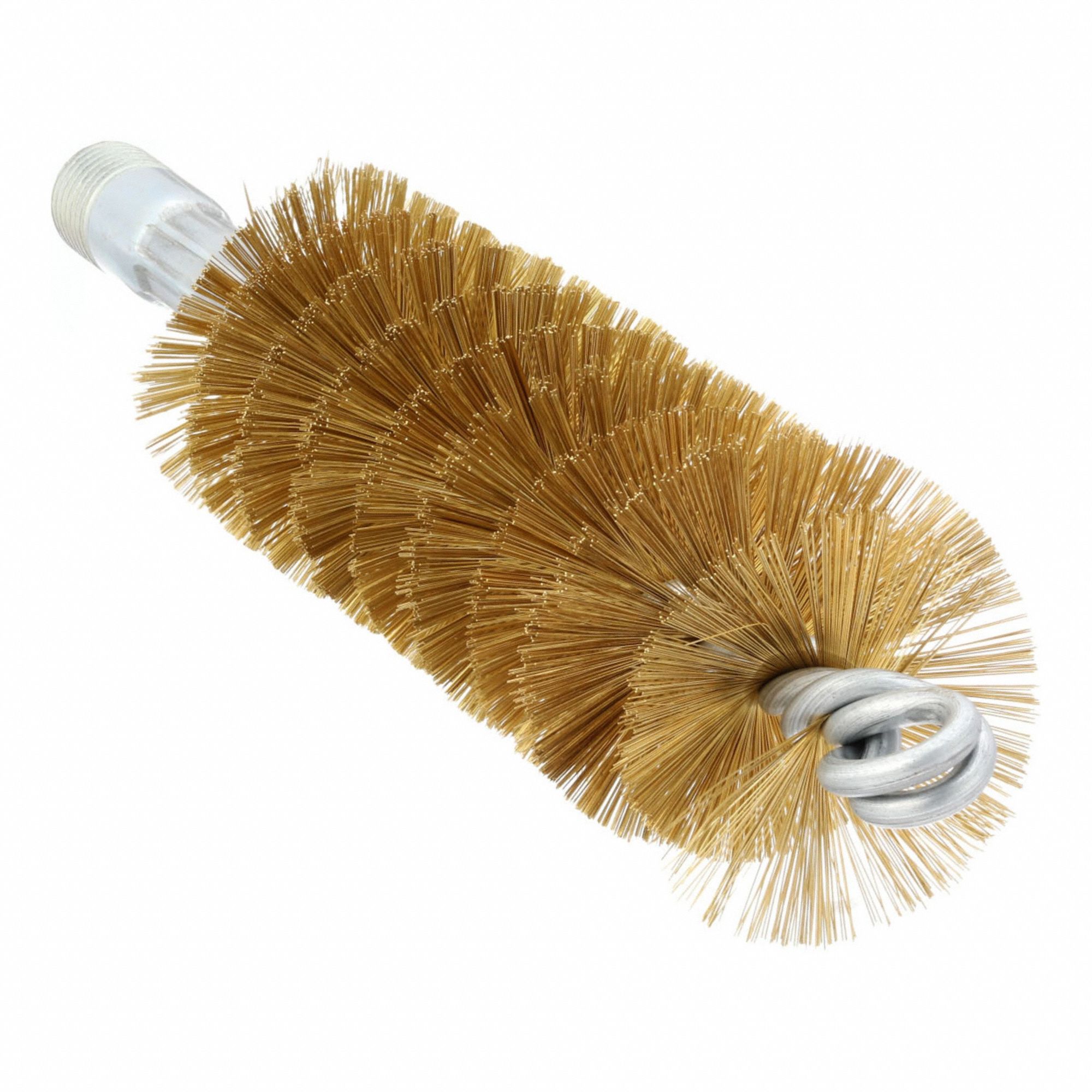 Flue Brush: 1/4"-28 Male, 1 1/2 in Overall Dia, 4 1/2 in Brush Lg, Single Spiral, Double Stem, Brass