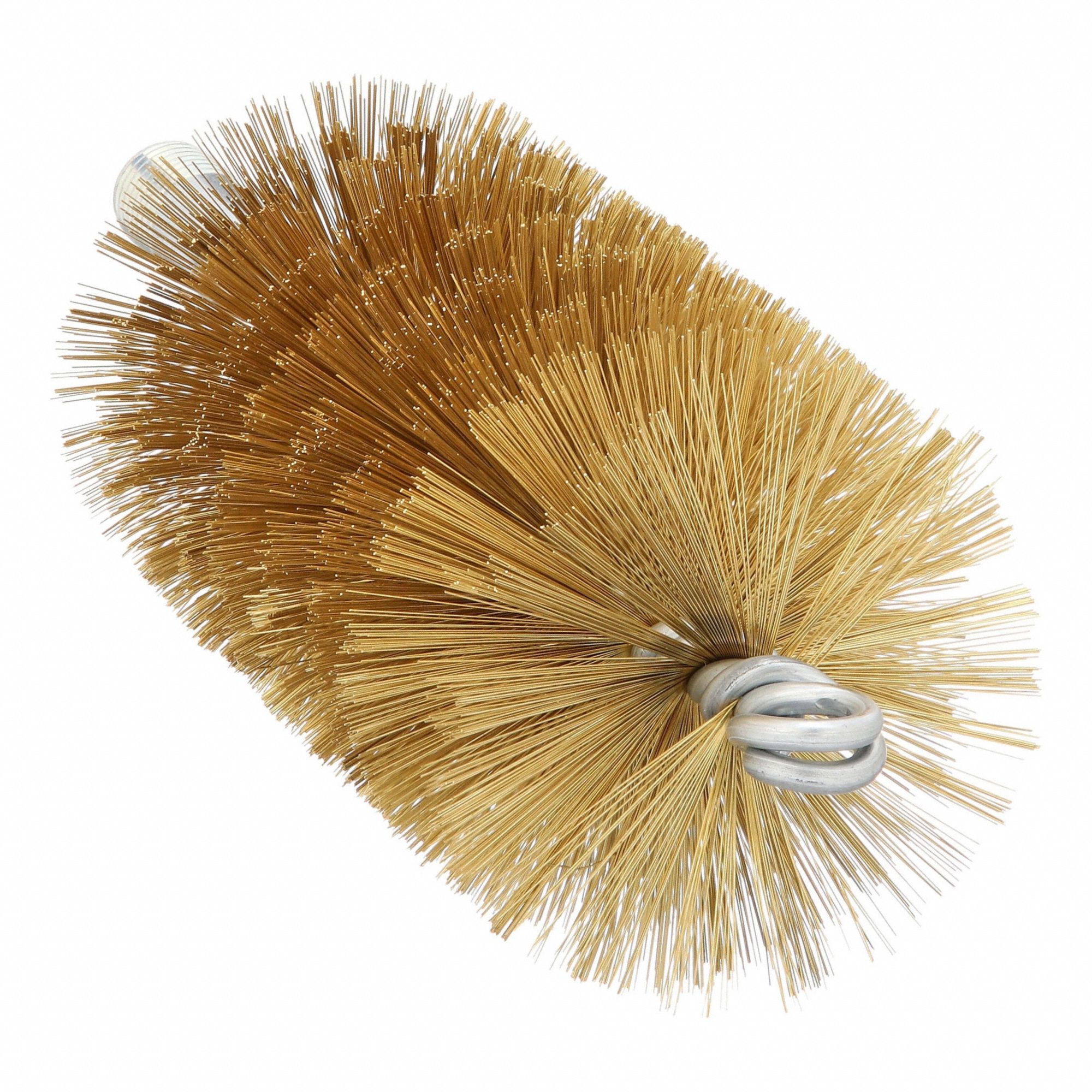 Flue Brush: 1/4"-28 Male, 2 1/2 in Overall Dia, 4 1/2 in Brush Lg, Single Spiral, Double Stem, Brass