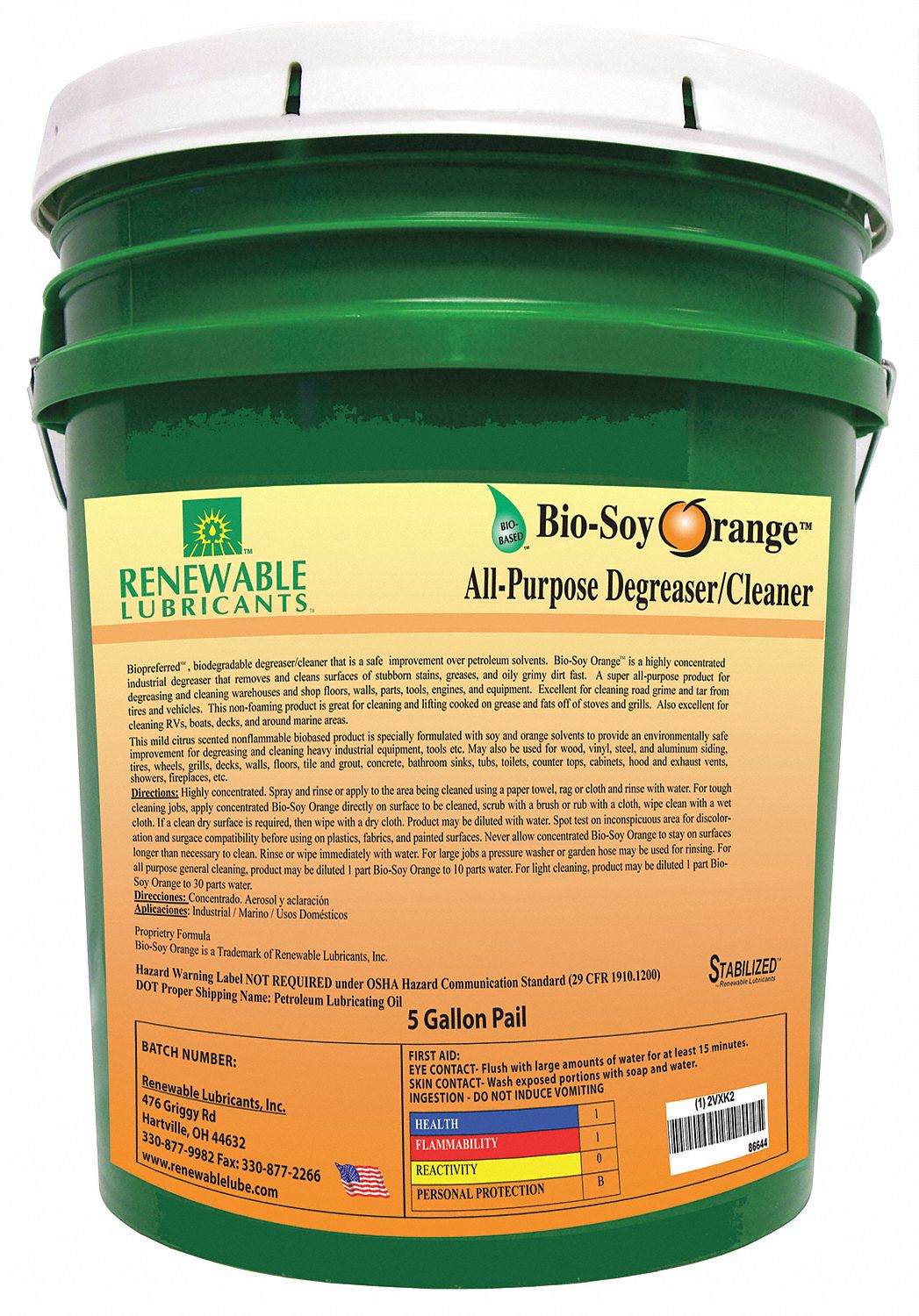 RENEWABLE LUBRICANTS, SoyBased Solvent, Bucket, Cleaner/Degreaser