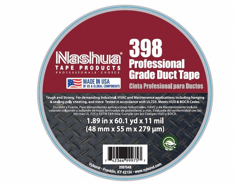 Duct Tape: Medium Duty, Silver, 1 7/8 in Wd, 60 yd Lg, 11 mil Thick, 398, Rubber