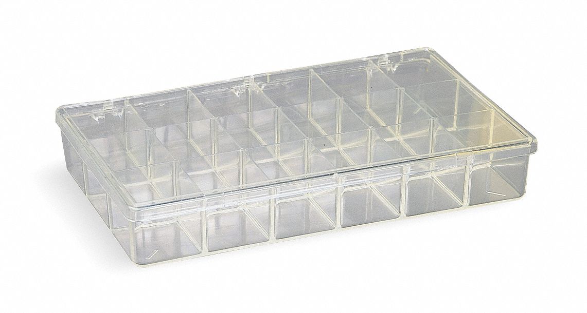 COMPARTMENT BOX, 6½ IN X 10¾ IN X 1⅞ IN, CLEAR, 18 COMPARTMENTS, 0 ADJUSTABLE DIVIDERS