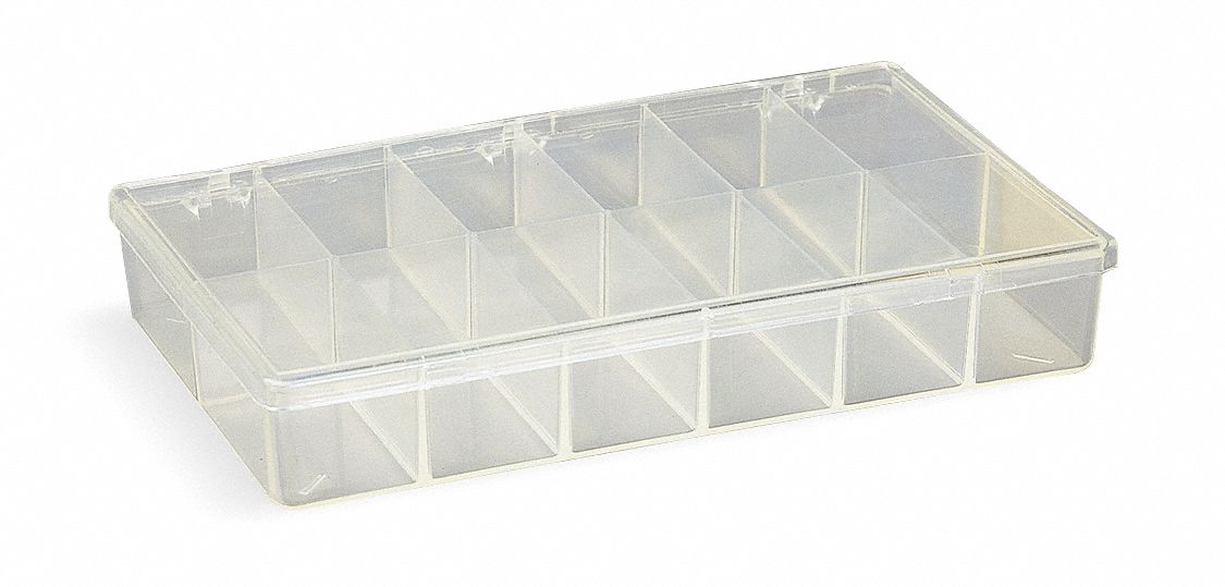 COMPARTMENT BOX, 6½ IN X 10¾ IN X 1⅞ IN, CLEAR, 12 COMPARTMENTS, 0 ADJUSTABLE DIVIDERS