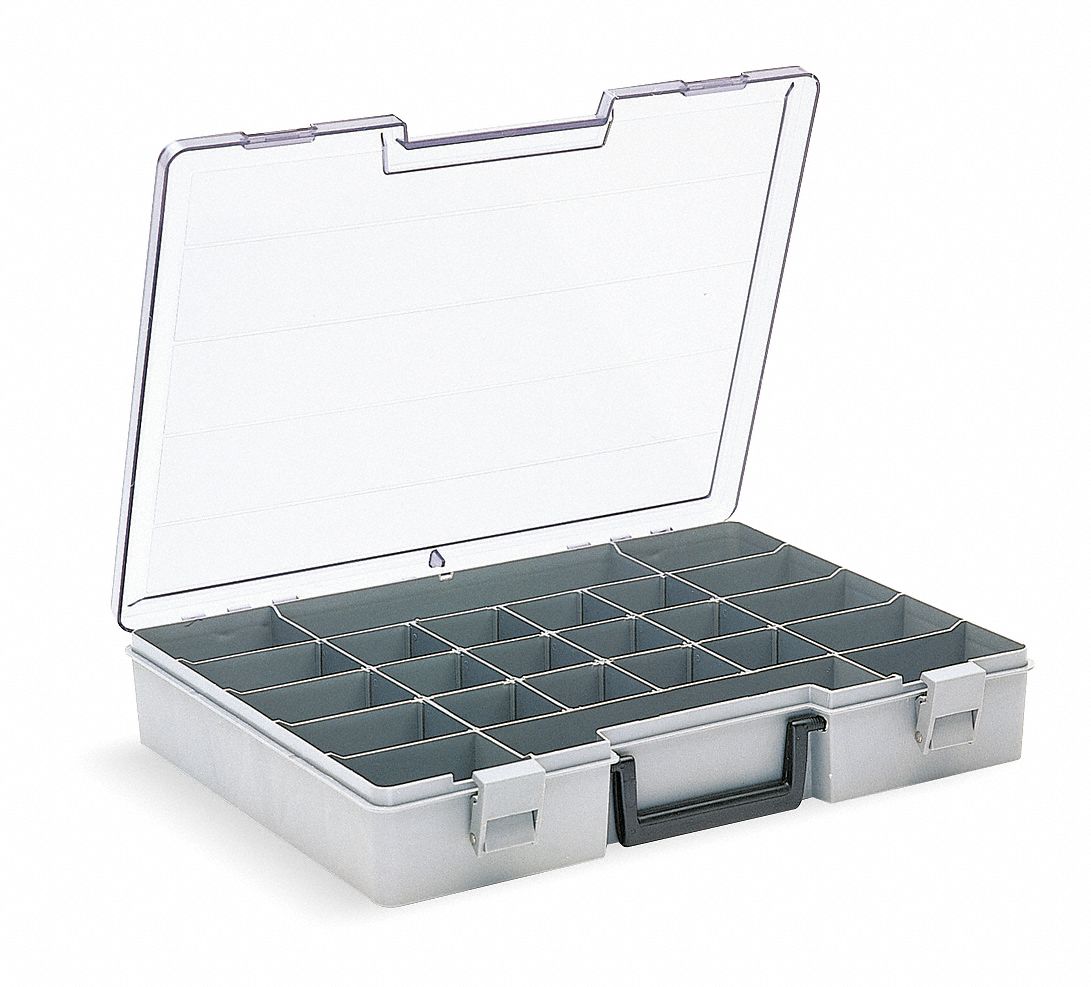 COMPARTMENT BOX, 2½ IN X 11¾ IN X 15½ IN, GREY, 24 COMPARTMENTS, 15 ADJUSTABLE DIVIDERS