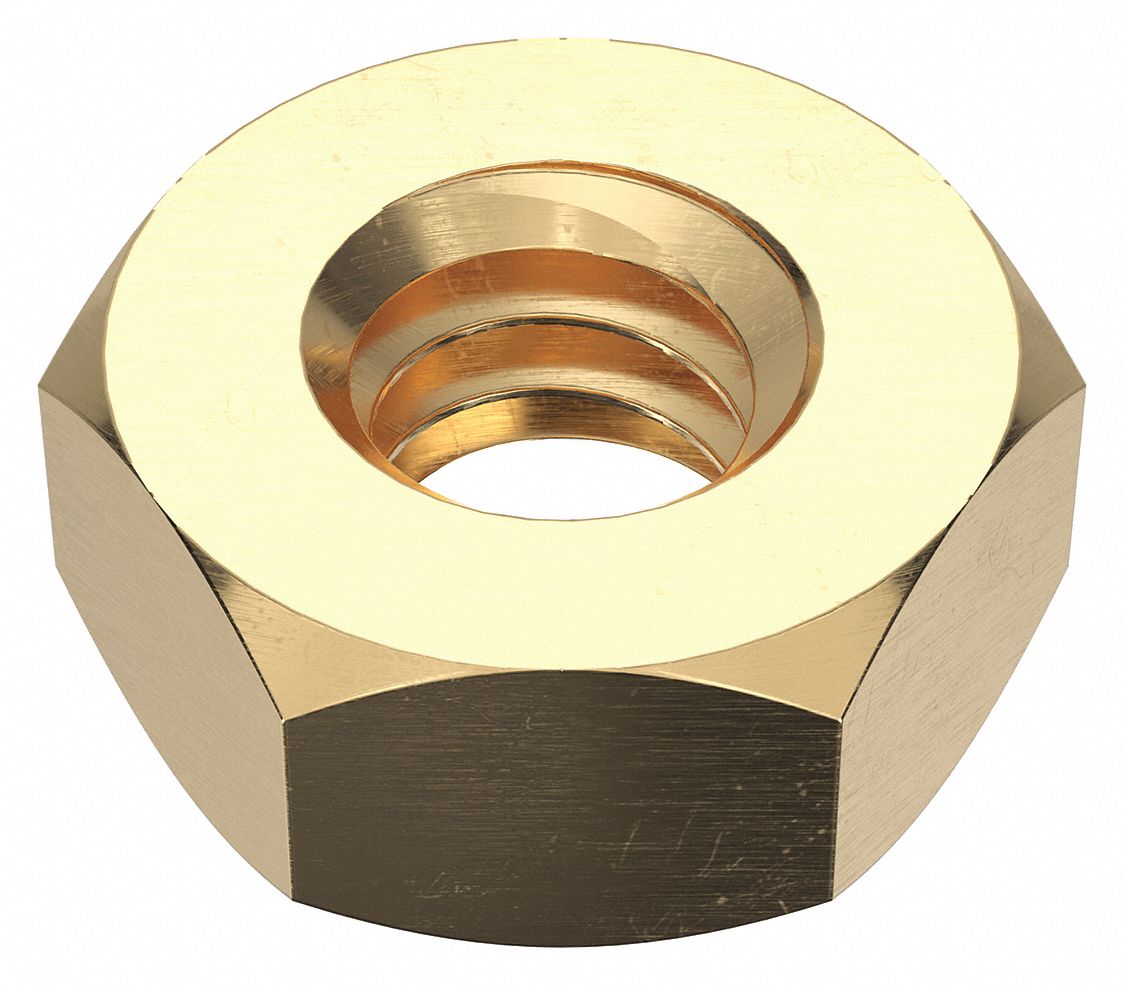 Hex Nut: Hex Machine Screw, #4-40 Thread, 1/4 in Hex Wd, 3/32 in Hex Ht, Brass, Not Graded, 100 PK