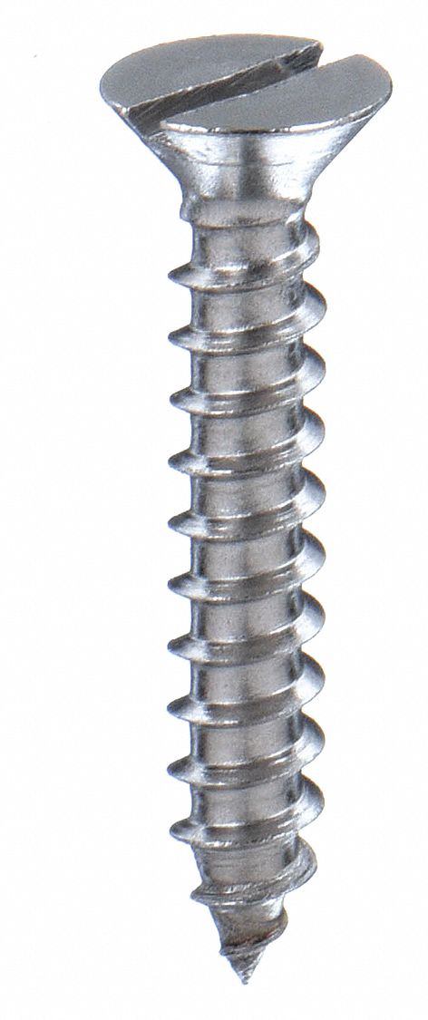 Sheet Metal Screw: #10 Size, 1 in Lg, Stainless Steel, Plain, Slotted, Flat, 100 PK