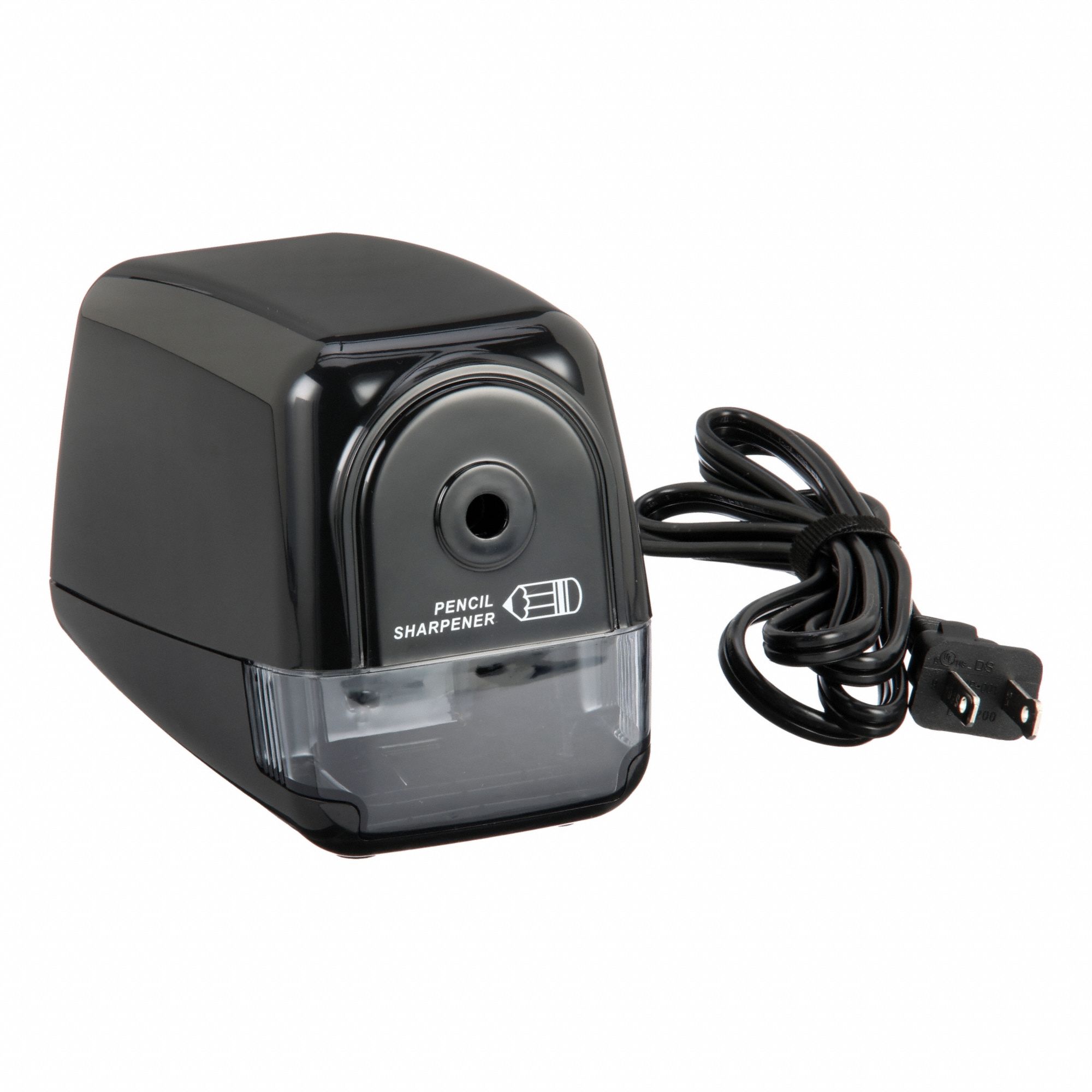 Pencil Sharpener: Plug-In, Black, 3 7/8 in Overall Ht, Plastic, Front, Freestanding