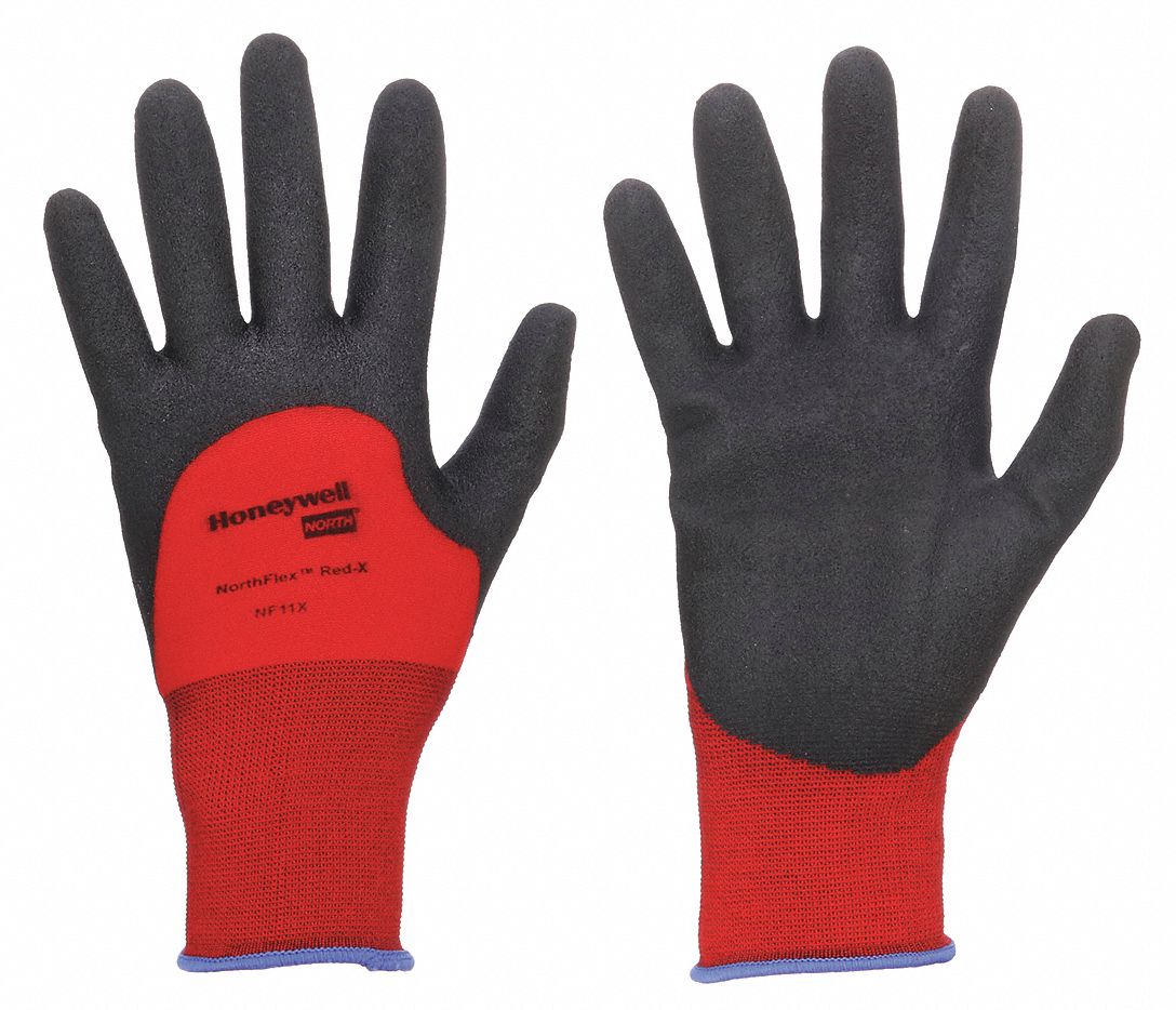COATED GOLVES, M, BLACK/RED,¾ BASE COATING, POLYESTER/STAINLESS STEEL