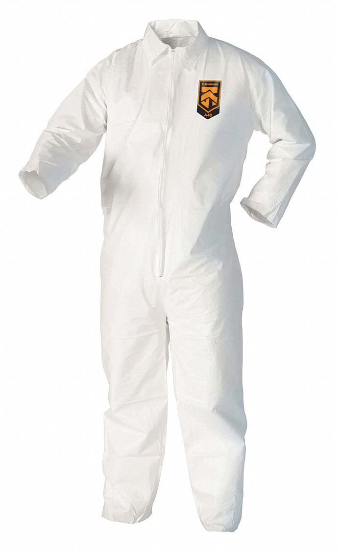 DISPOSABLE COVERALLS, MICROPOROUS FILM, SERGED SEAM, WHITE, L