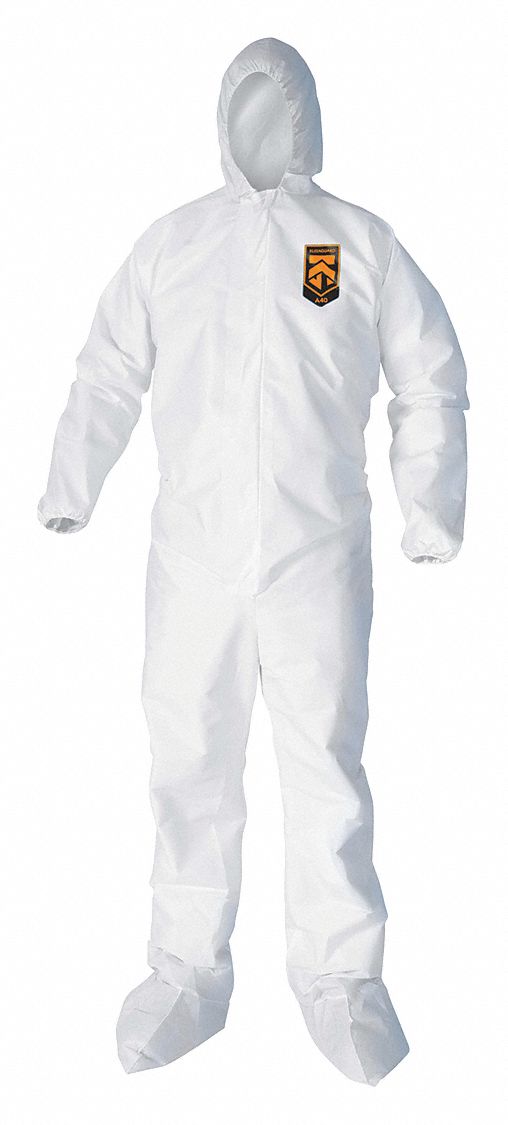HOODED DISPOSABLE COVERALLS, MICROPOROUS FILM, ELASTIC CUFFS/ANKLES, L
