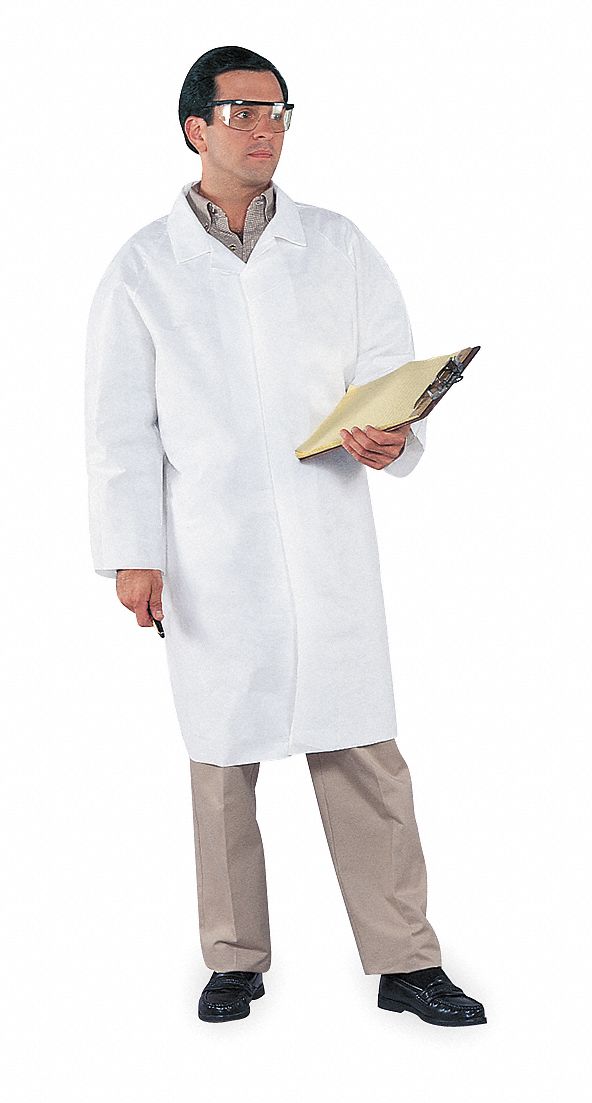 DISPOSABLE LAB COAT, MICROPOROUS FILM LAMINATE, MANDARIN COLLAR, 2 POCKETS, OPEN, M