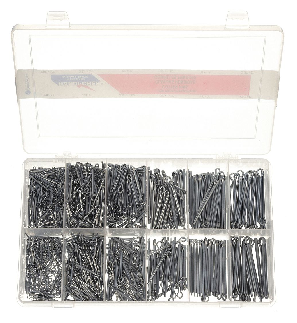 PIN ASSORTMENT, 1200 PIECES, 10 SIZES, BRIDGE, INCH, STEEL, 1008, ZINC PLATED, 1, 200 PIECES