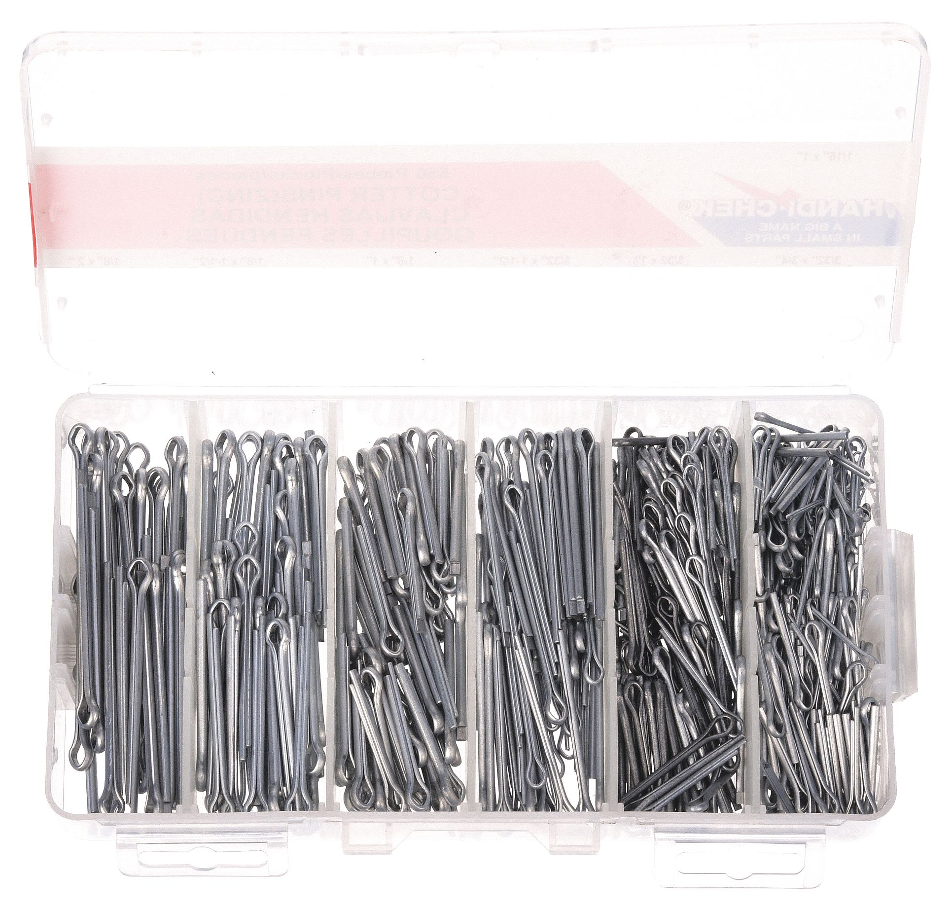 COTTER PIN ASSORTMENT, 550 PIECES, 7 SIZES, BRIDGE, INCH, STEEL, 1008, ZINC PLATED