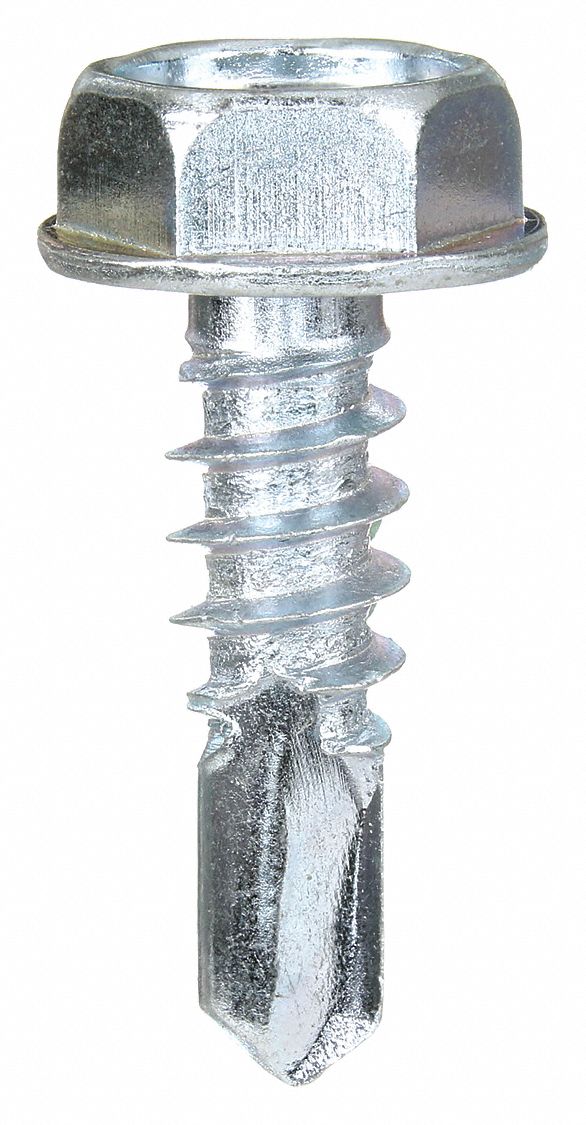 Self-Drilling Screw: #10 Size, 5/8 in Lg, Steel, Zinc-Plated, Hex Washer, External Hex, 100 PK