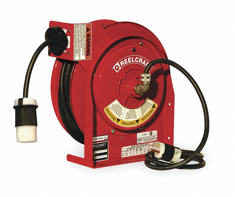 EXTENSION CORD REEL, STEEL, 12 AWG, 1 OUTLET, 20A, 120V AC, 3 CONDUCTORS, 0  TO 125 ° F