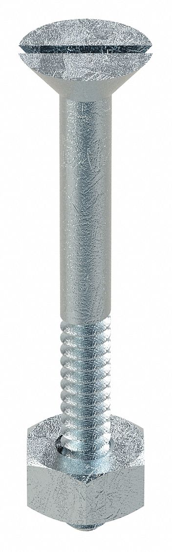 Stove Bolt: 1/4"-20 Thread Size, 2 in Lg, Steel, Zinc-Plated, Flat, Slotted, Stove Bolt, 100 PK