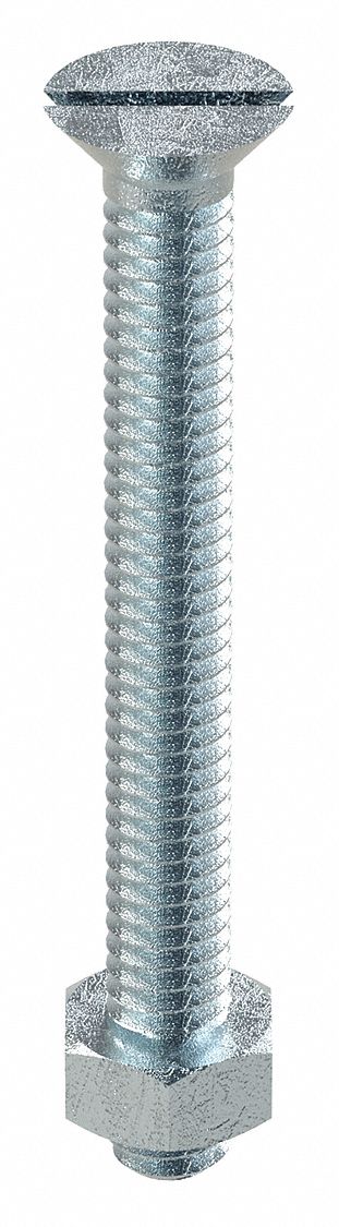 Stove Bolt: 1/4"-20 Thread Size, 2 1/4 in Lg, Steel, Zinc-Plated, Flat, Slotted, Stove Bolt, 100 PK