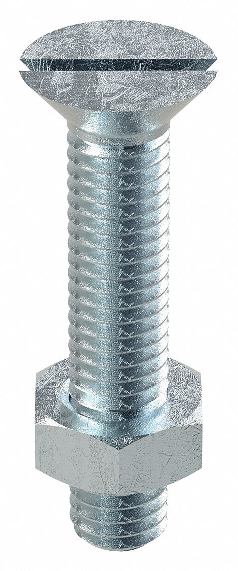 Stove Bolt: 3/8"-16 Thread Size, 2 in Lg, Steel, Zinc-Plated, Flat, Slotted, Stove Bolt, 100 PK