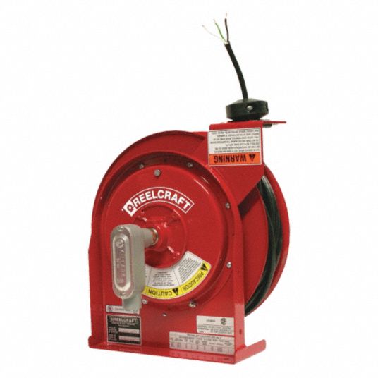 Retractable Cord Reel, 125/240V AC, Flying Lead, 50 ft, Red Reel