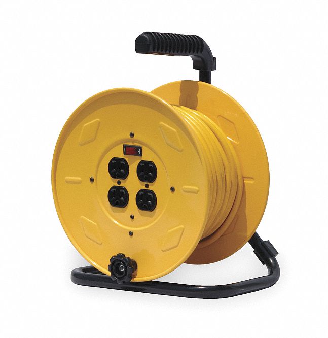 Hand Wind Cord Reel, 120V AC, Quad Receptacle On Reel, 80 ft, Yellow ...
