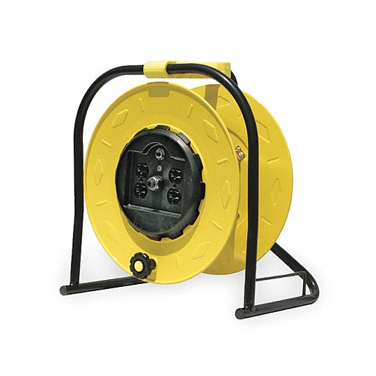 Extension Cord Reel, Hand Operated, 120V AC, No Cord, Yellow Reel