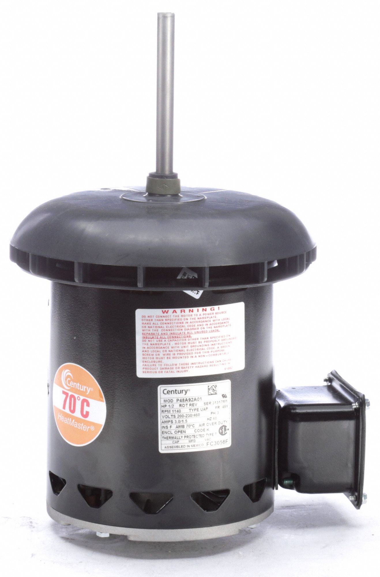 CENTURY Condenser Fan Motor, 1/2 HP, 3Phase, Nameplate RPM 1,140, No