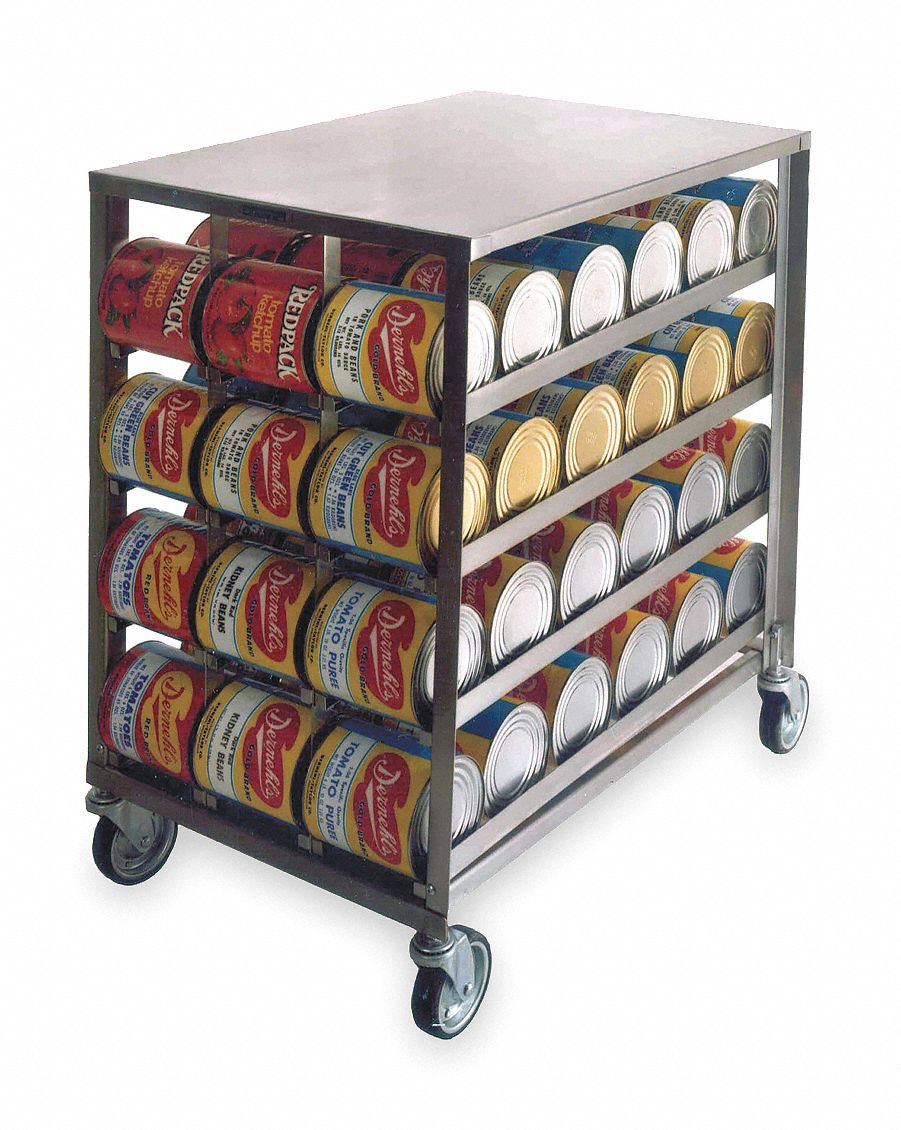 Can Rack: Half Size, 4 Shelves, 75 Cans Held, Mobile, 41 1/4 in Overall Ht, 41 1/4 in Dp