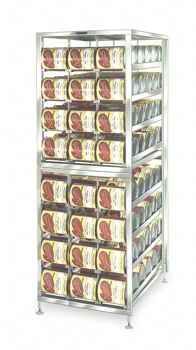 Can Rack: Full Size, 8 Shelves, 192 Cans Held, Stationary, 74 1/4 in Overall Ht