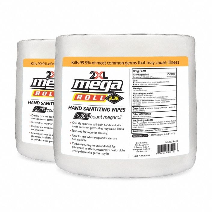 Hand Sanitizer Wipes: Box, 2, 300 Wipes per Container, Fragrance Free, Mega Roll, 2 PK