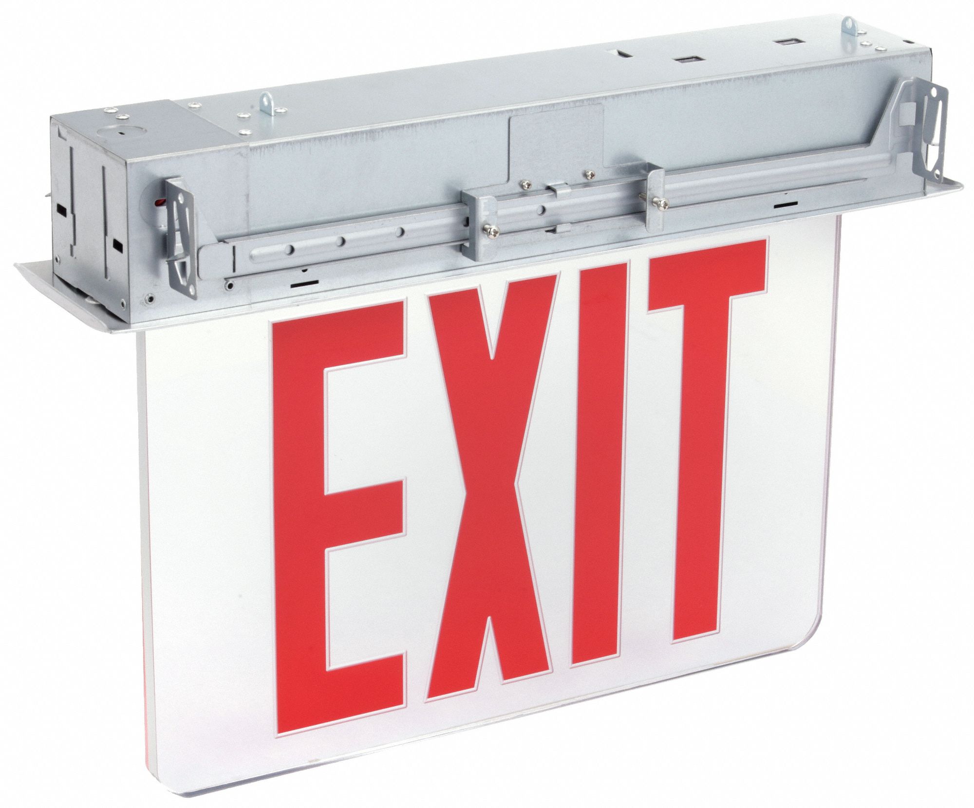 Edge-lit Exit Sign: 2 Faces, Red, Aluminum, Universal Field Selectable Chevrons, LED, Silver