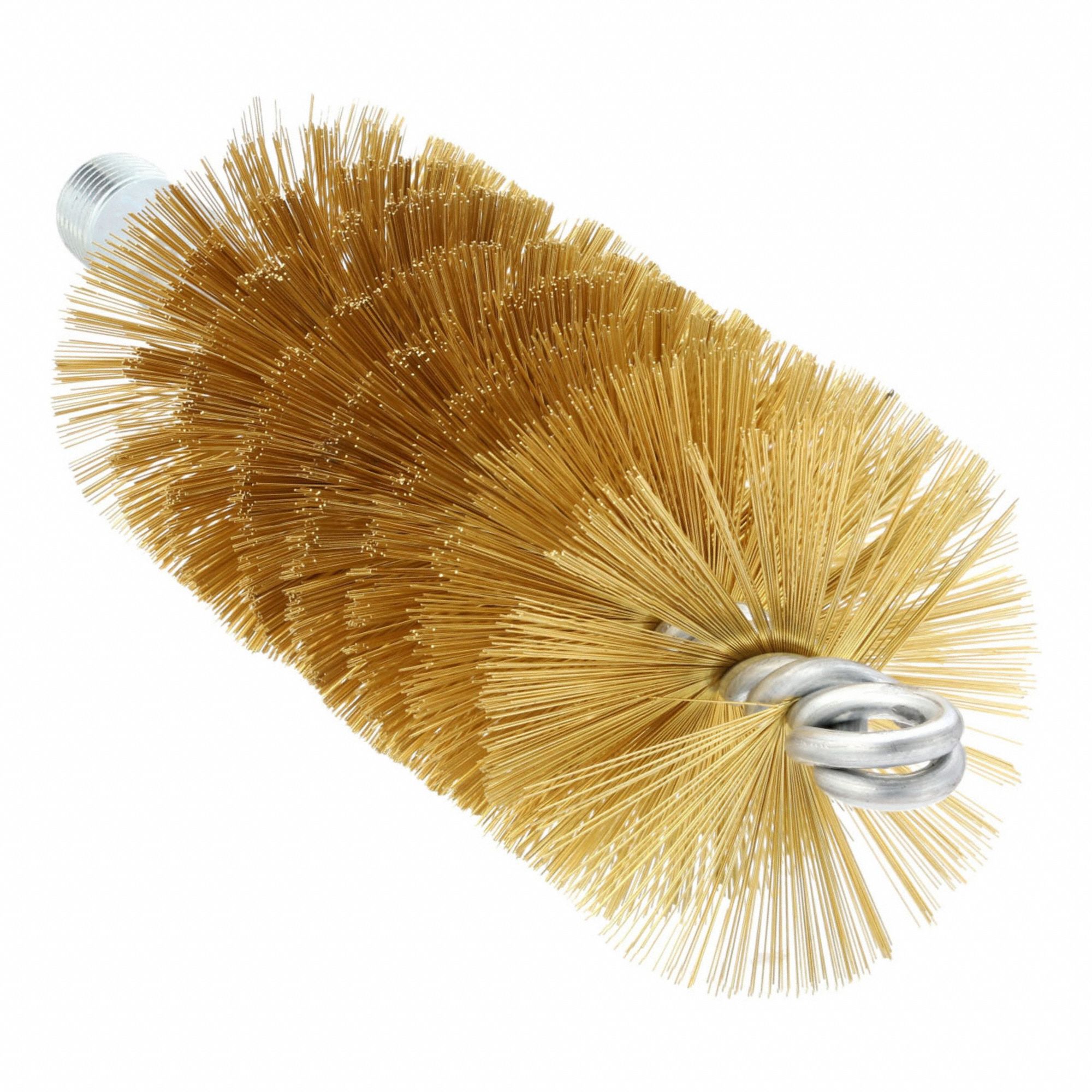 Flue Brush: 1/4"-28 Male, 2 in Overall Dia, 4 1/2 in Brush Lg, Single Spiral, Double Stem, Brass