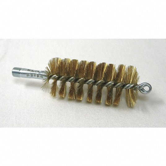 TOUGH GUY Tube Brush: Single Spiral/Double Stem, Brass, 4 1/2 in Brush Lg,  2 in Brush Dia.