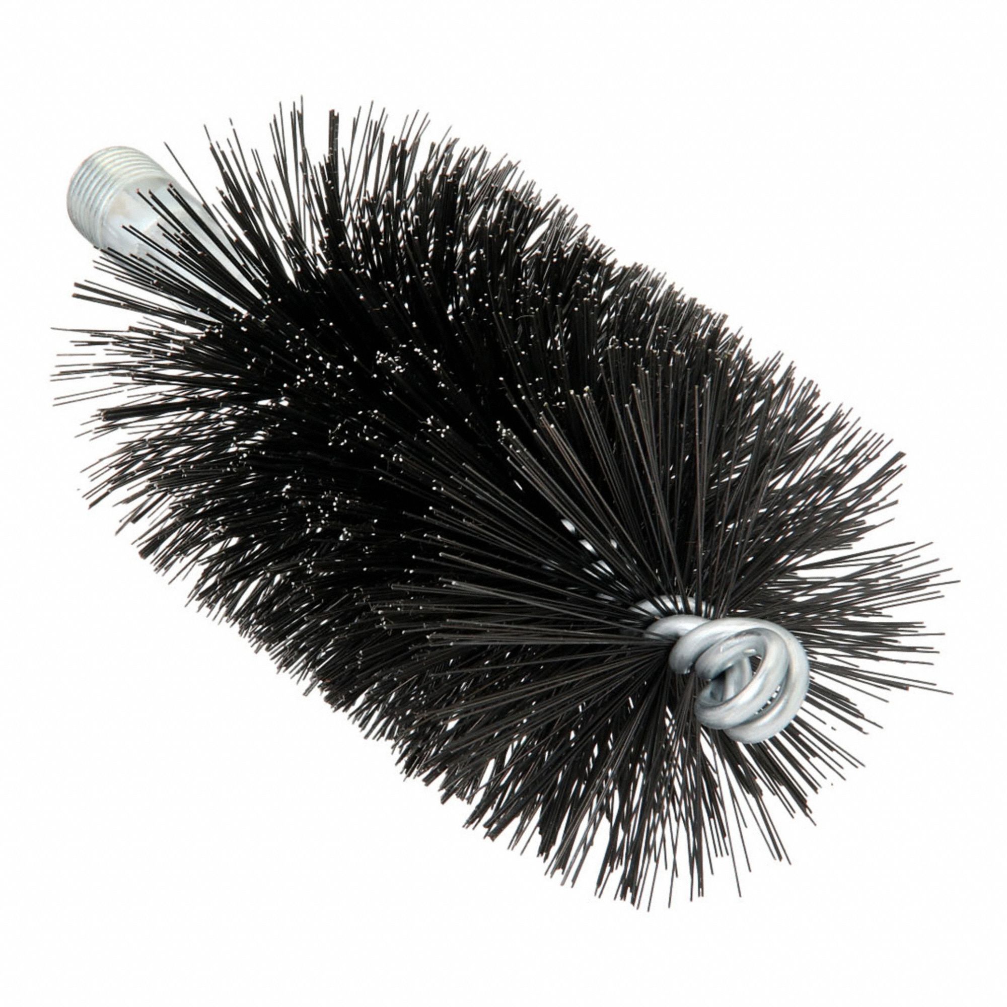 Flue Brush: 1/4"-28 Male, 2 1/2 in Overall Dia, 4 1/2 in Brush Lg, Double Spiral, Double Stem, Steel