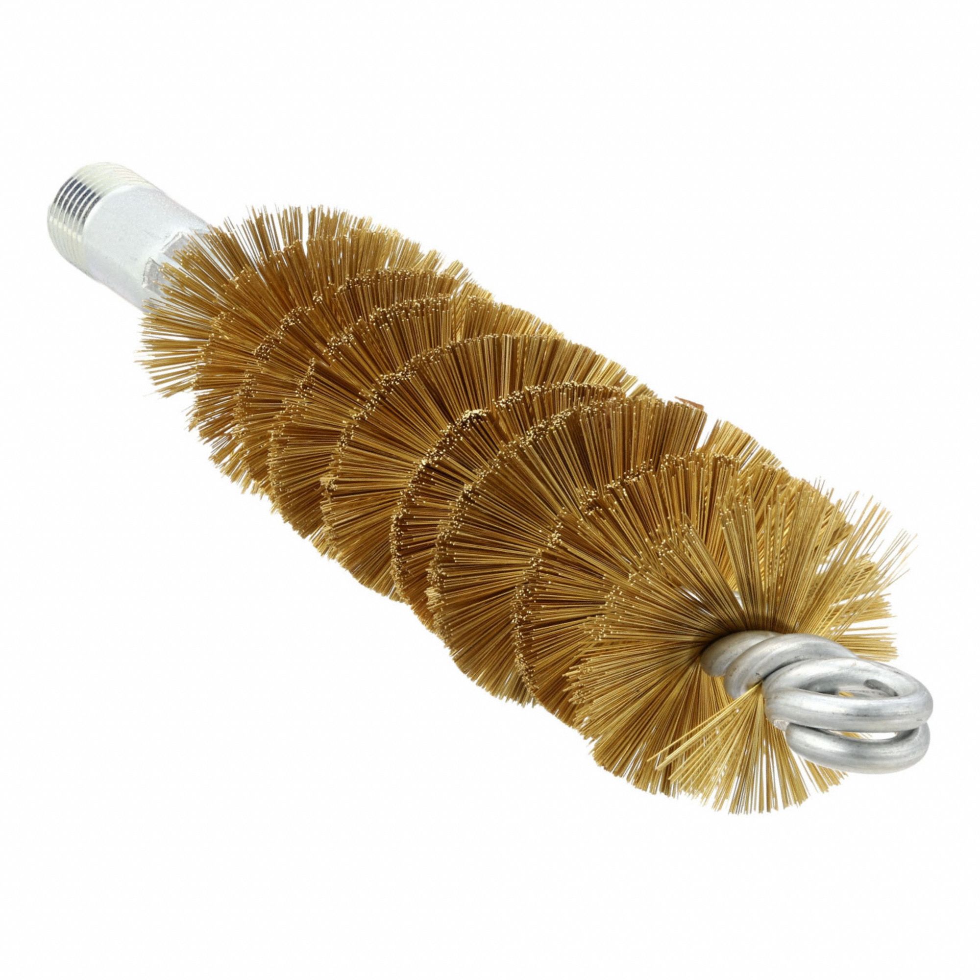 Flue Brush: 1/4"-28 Male, 1 1/4 in Overall Dia, 4 1/2 in Brush Lg, Single Spiral, Double Stem, Brass