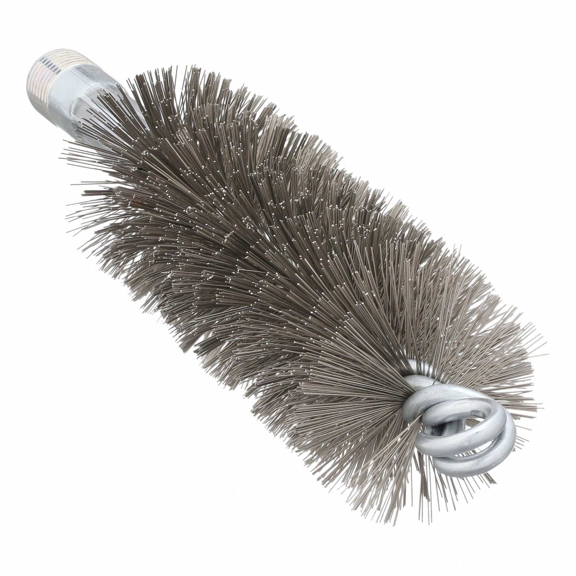 Flue Brush: 1/4"-28 Male, 1 1/2 in Overall Dia, 4 1/2 in Brush Lg, Double Spiral, Double Stem