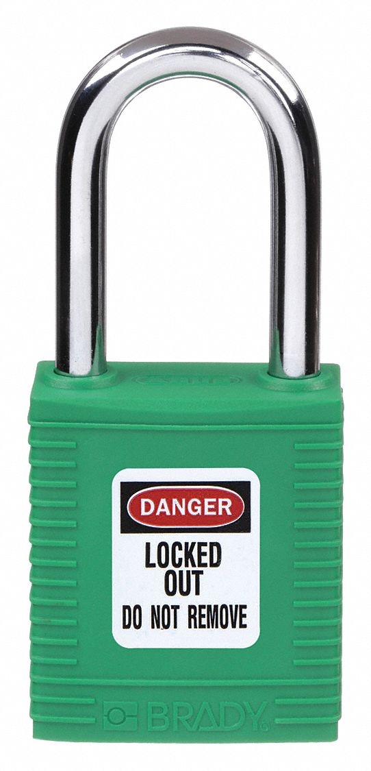 LOCKOUT PADLOCK, KEYED DIFFERENT, NYLON, STANDARD BODY, HARDENED STEEL, GREEN