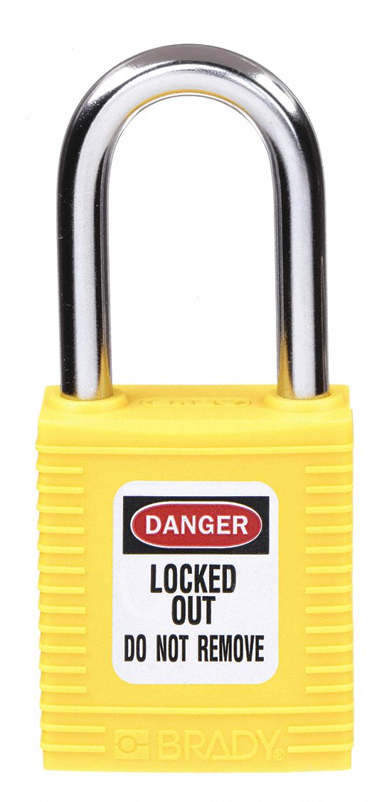 LOCKOUT PADLOCK, KEYED DIFFERENT, NYLON, STANDARD BODY, HARDENED STEEL, YELLOW