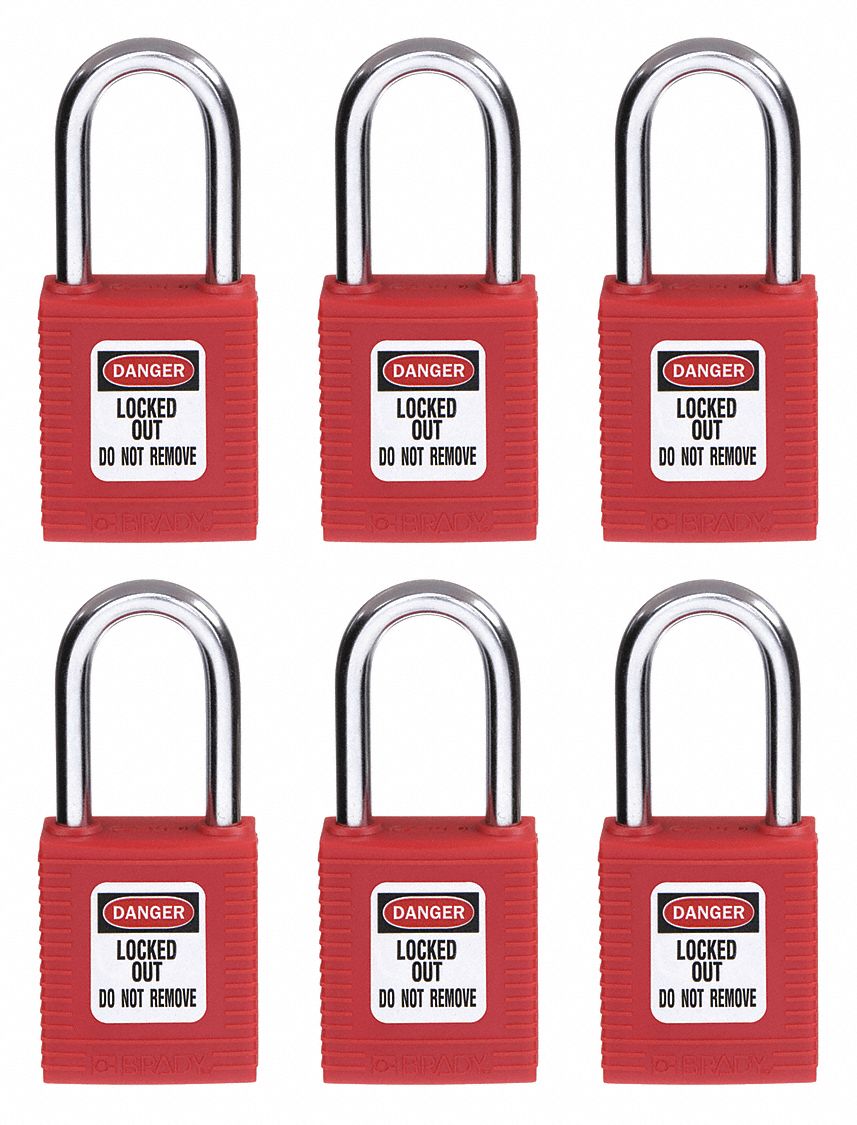 Lockout Padlock: Keyed Different, Nylon, Std Body Body Size, Hardened Steel, Std, Red, Plastic