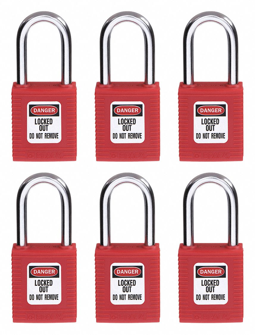 LOCKOUT PADLOCK, KEYED DIFFERENT, NYLON, STANDARD BODY, HARDENED STEEL, RED, 6 PK