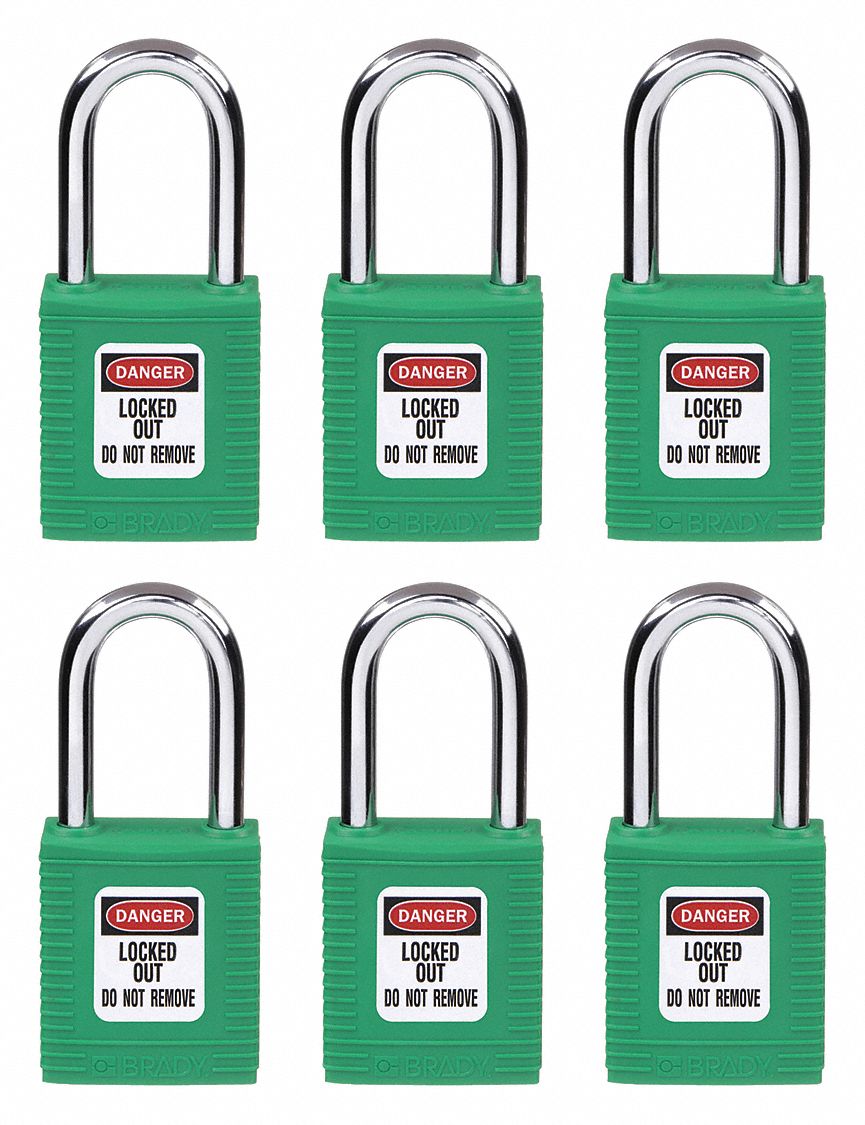 Lockout Padlock: Keyed Different, Nylon, Std Body Body Size, Hardened Steel, Std, Green, BRADY