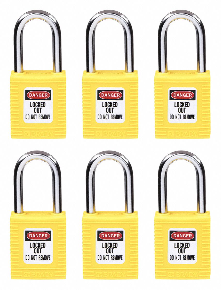 Lockout Padlock: Keyed Different, Nylon, Std Body Body Size, Hardened Steel, Std, Yellow, OSHA