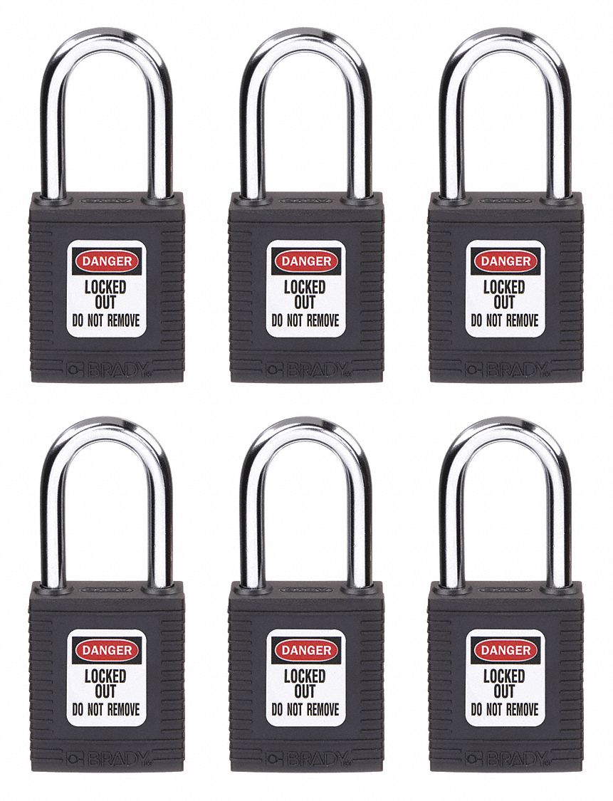 Lockout Padlock: Keyed Different, Nylon, Std Body Body Size, Hardened Steel, Std, Black, BRADY
